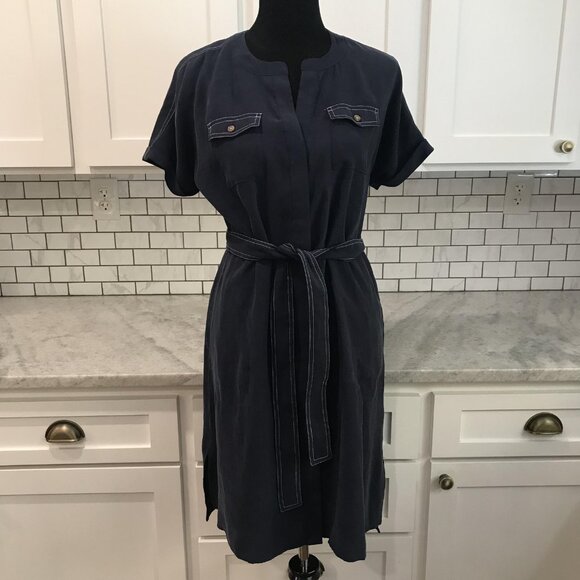 J. Jill Dress Womens Small Petite Navy Utility Shirt Dress Belted Pockets Casual - Picture 1 of 8
